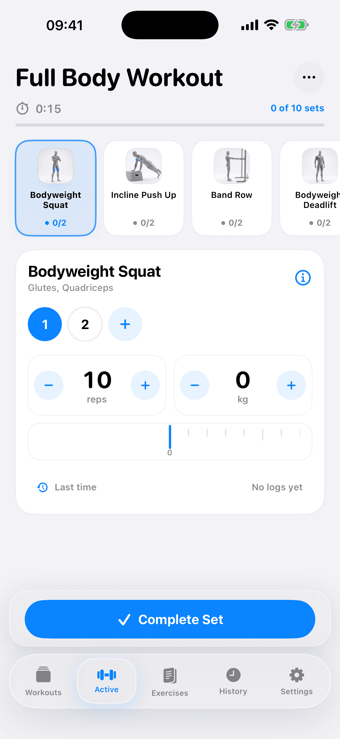 Simple Muscle iPhone active workout screen with set, rep, and weight controls