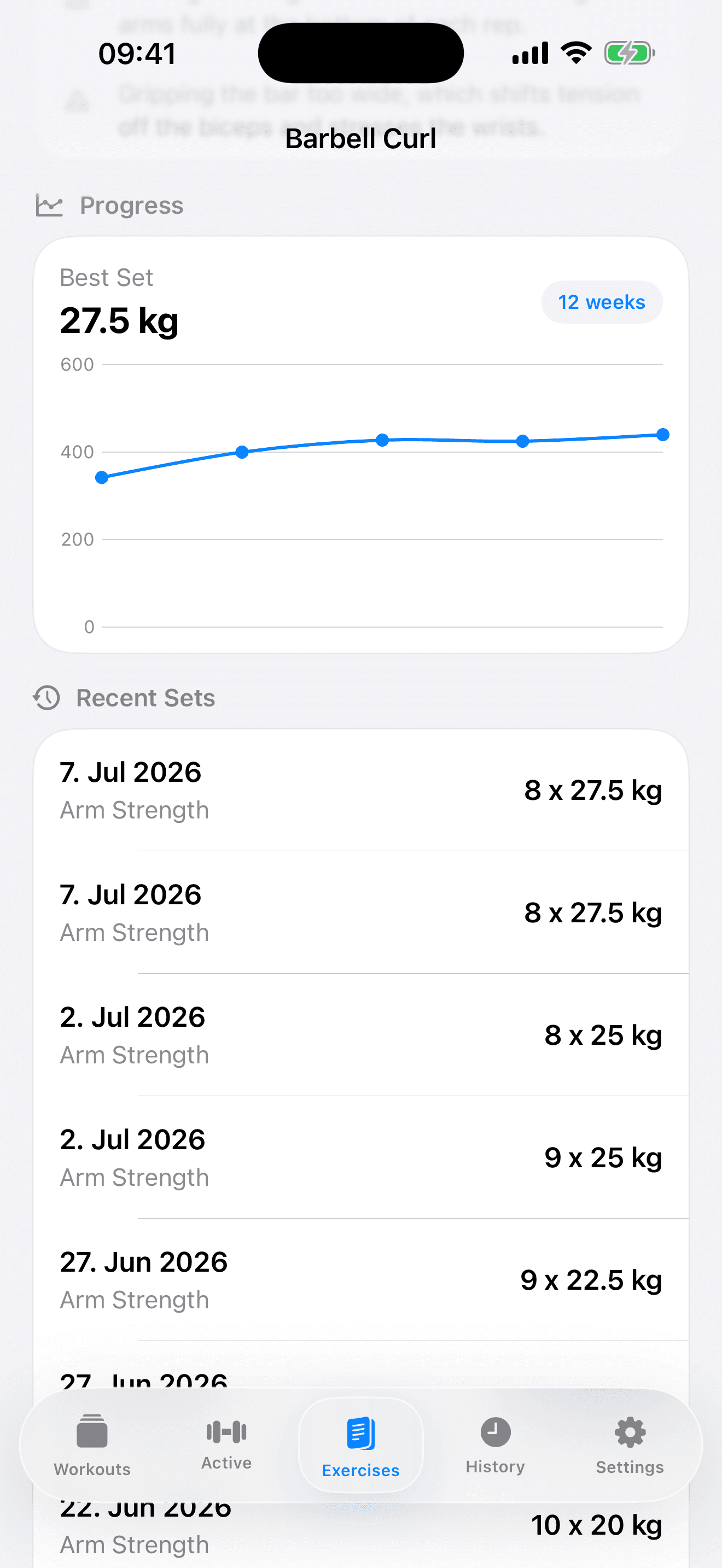 Simple Muscle iPhone exercise progress chart and recent completed sets