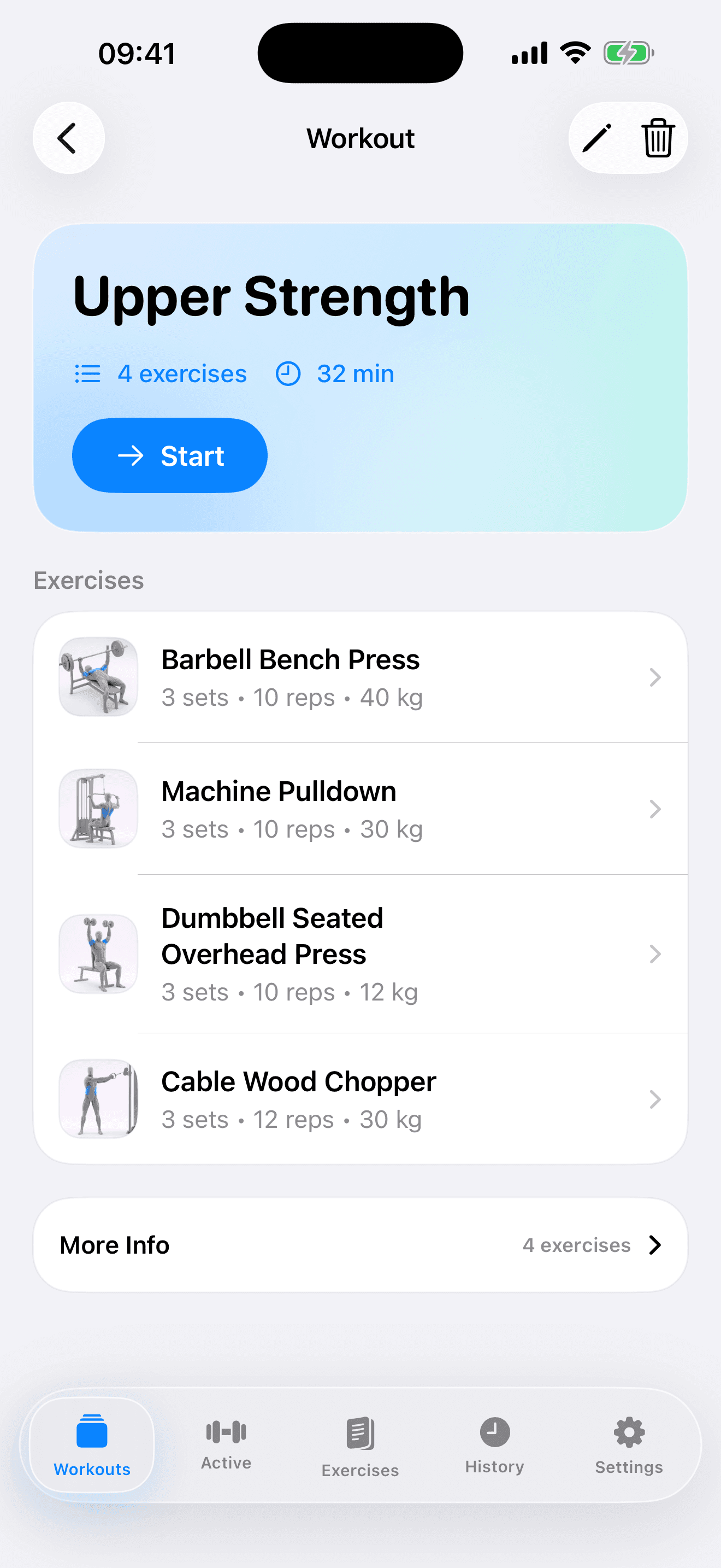 Simple Muscle iPhone screen showing a saved Upper Strength workout with exercises, sets, reps, and weight targets